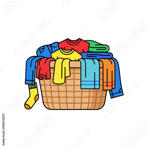 Overflowing laundry basket filled with colorful clothes, household chore concept