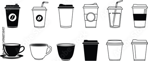 Coffee cup icons, to‑go beverage containers, traditional mug graphics, cafe drink illustration, coffee shop design, espresso symbol, hot drink vector