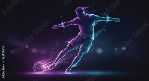Neon soccer player kicking ball with light trails, futuristic football athlete in motion, glowing purple and blue digital vector illustration