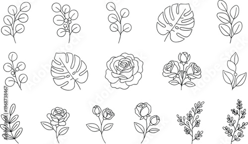 Vector set of decorative floral and leaf illustrations featuring eucalyptus monstera and roses in a soft muted palette.