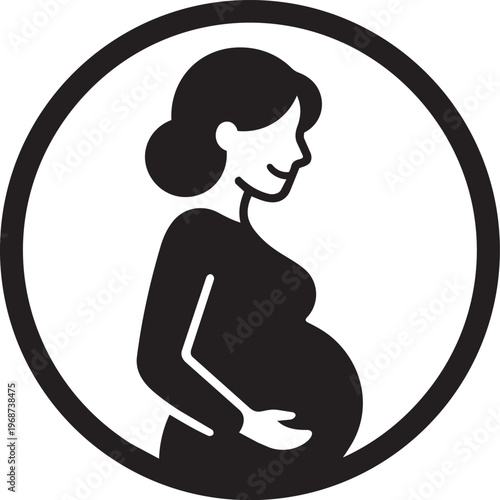 Minimal black silhouette of a pregnant woman inside a circular frame, representing motherhood, prenatal care, and maternal health in clean vector style.