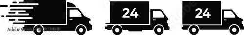 "Delivery truck silhouette set, express shipping icon, 24 hour service vector illustration, logistics design graphic, transportation courier concept art"