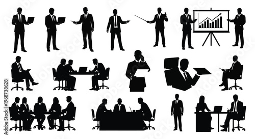 A collection of black silhouettes depicting business professionals in various meeting and presentation scenarios a distinct silhouette high quality professional detailed