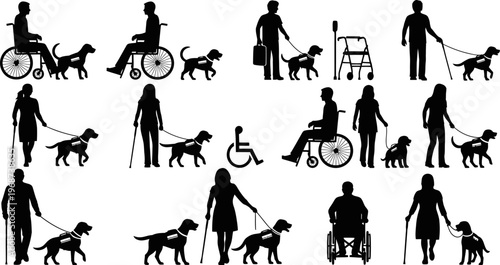 black silhouettes of people with service dogs and canes and wheelchairs on white background