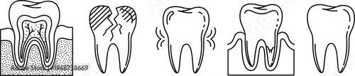 "Dental health illustration, tooth anatomy cross-section, cracked tooth graphic, sensitive tooth symbol, periodontal disease design, healthy tooth vector art"