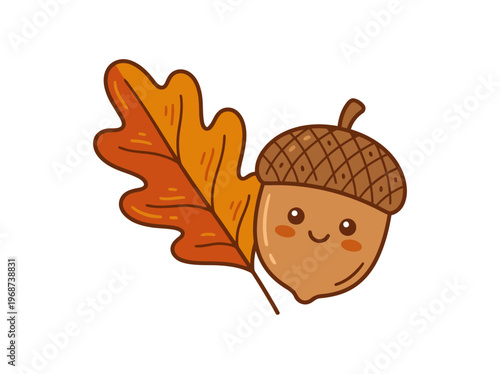 Smiling acorn character hiding behind autumn oak leaf