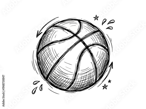 Basketball sketch with motion lines and stars decoration