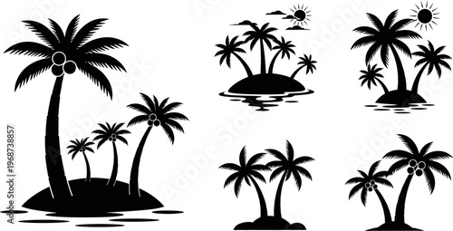 Collection of tropical palm tree silhouettes on white background  various island landscapes