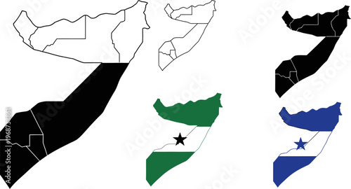 Somalia country map and flag with different colored variations and regions
