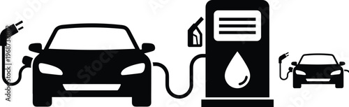 Electric car silhouette, gasoline fuel pump icon, eco mobility comparison, sustainable transport design, clean energy vehicle concept, automotive future illustration
