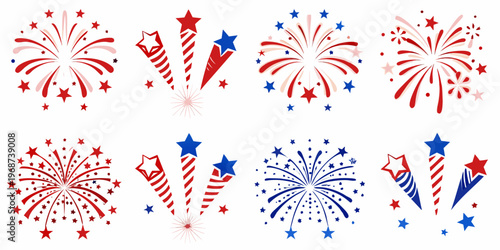Colorful fireworks display with red white and blue starburst patterns