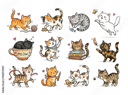 Cute watercolor cat activities and hobbies collection