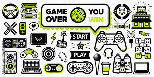 A colorful doodle collection representing various gaming elements and accessories