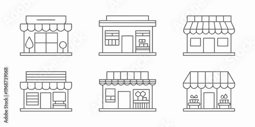 Line art illustration depicting six different storefront building facades