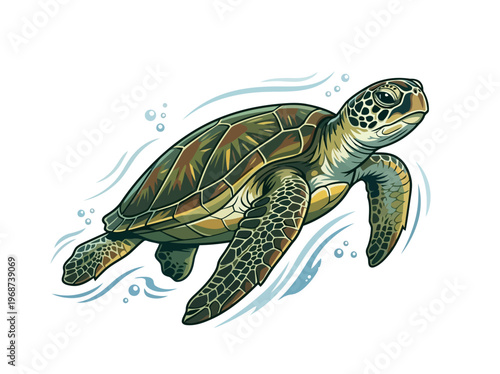 Green Sea Turtle Character Gliding Through Water Illustration
