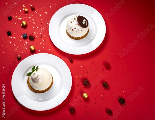 Two mini cheesecakes, one with chocolate, other with mint, on white plates atop a red surface with scattered decor and glitter