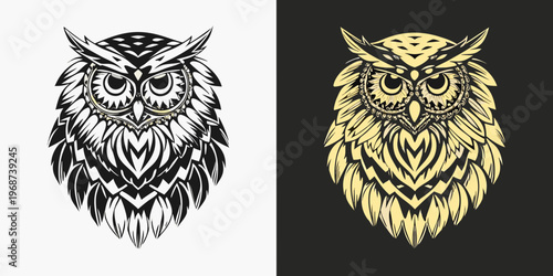 Stylized owl portraits in contrasting black and gold color schemes