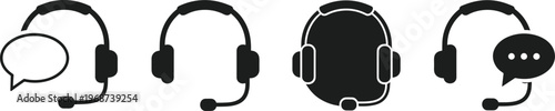 Headset icons with microphone, customer support symbol, call center graphic, communication service design, speech bubble illustration, digital conversation vector