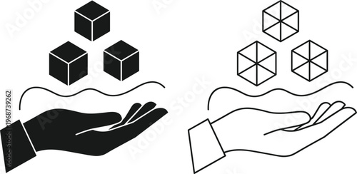 Hand with cubes icon, solid wireframe contrast, geometric design illustration, conceptual visualization vector, technology symbol graphic, abstract support element