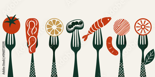 A colorful collection of foods displayed on individual forks