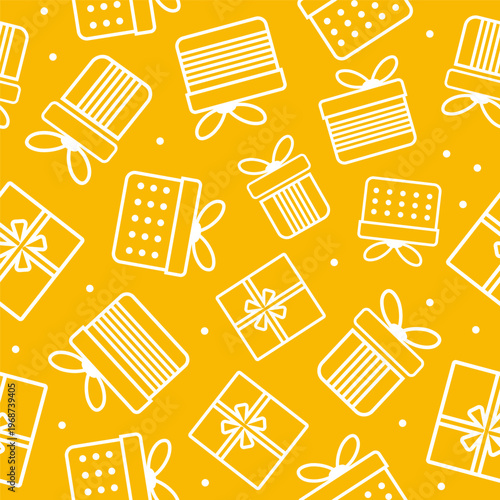 Festive yellow pattern with various simple gift box designs for holiday celebrations