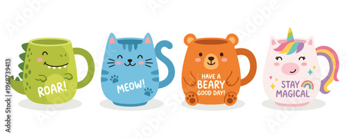 Set of Cute Animal Character Mugs with Funny Quotes