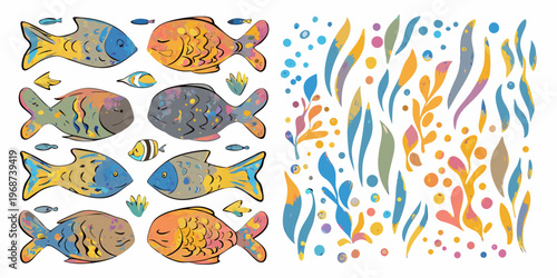 Colorful cartoon fish and aquatic plants in a playful arrangement