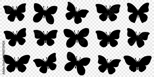 Collection of black butterfly silhouettes arranged in a grid pattern