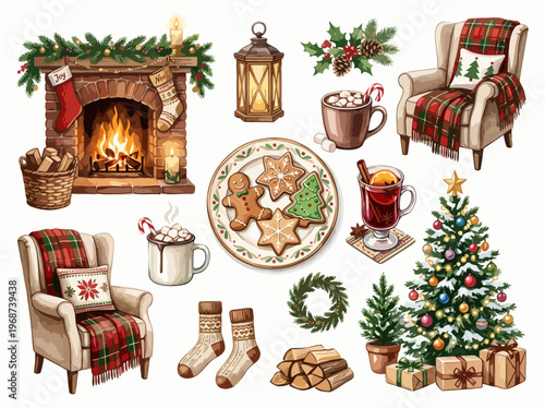 Cozy Winter Christmas Interior Elements Watercolor Collection
