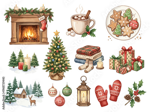 Cozy Christmas Watercolor Elements with Fireplace and Tree
