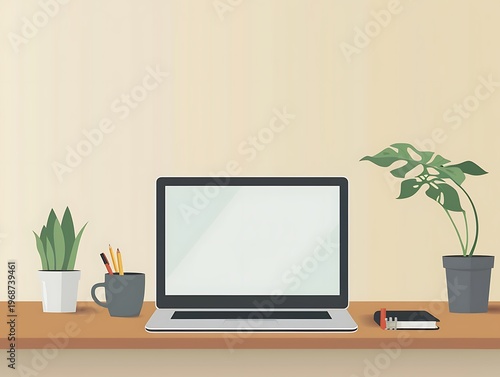 A minimalist workspace setup with a laptop coffee mug pencils and small plant on a desk