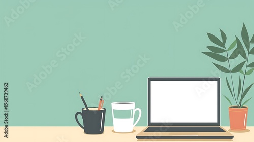A serene workspace setup with a laptop, mug, plant, and cup on a desk.
