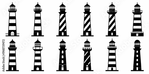 A collection of black and white lighthouse illustrations in varying designs