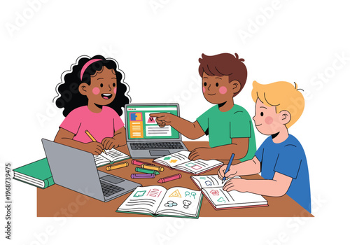 Flat style vector illustration of children doing homework together at home with books and laptop, collaborative learning and study support in a friendly environment