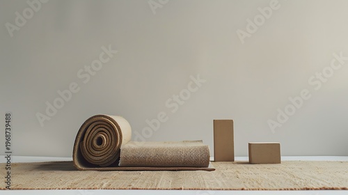 Yoga mat and exercise accessories laid out on floor for wellness routine indoors