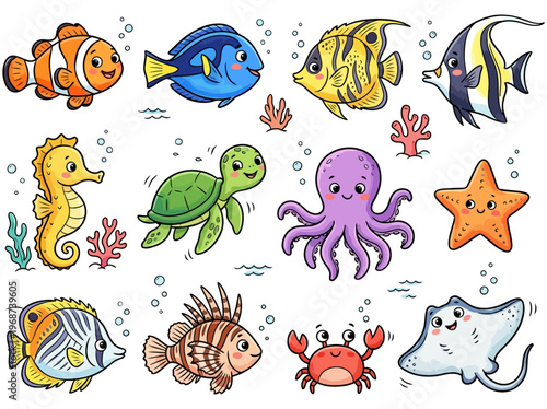 Watercolor Cute Ocean Creatures and Reef Fish Collection