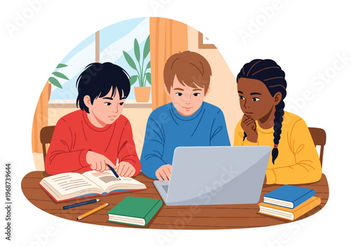 Flat style vector illustration of children doing homework together at home with books and laptop, collaborative learning and study support in a friendly environment