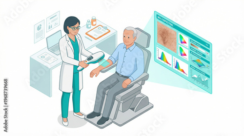 Flat isometric dermatologist using a handheld multispectral skin scanner on a patient