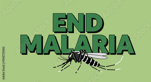 End malaria text with malaria mosquito illustration flat design on green background.