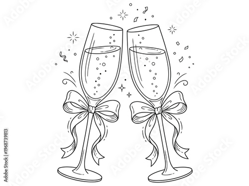 Sparkling Champagne Flutes with Bows Line Art