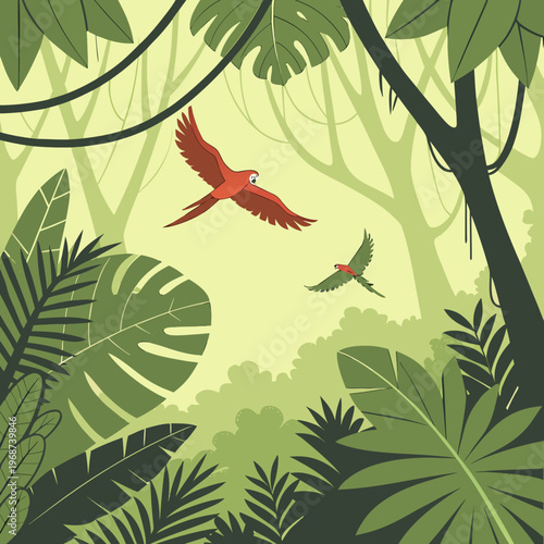 Tropical rainforest canopy viewed from below, with colorful macaws in flight.