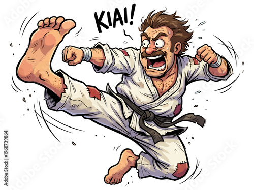 Dramatic Karate Fighter Character Shouting Kiai Kick