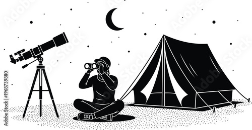 Camping stargazing night sky telescope binoculars tent moon stars astronomy outdoor exploration illustration design, celestial artwork concept nature image