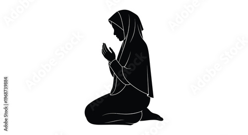 A devout woman in traditional islamic clothing is depicted in a praying pose rendered as a striking silhouette high quality professional