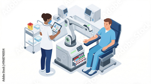 Flat isometric nurse observing an automated phlebotomy robot drawing blood