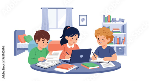 Flat style vector illustration of children doing homework together at home with books and laptop, collaborative learning and study support in a friendly environment