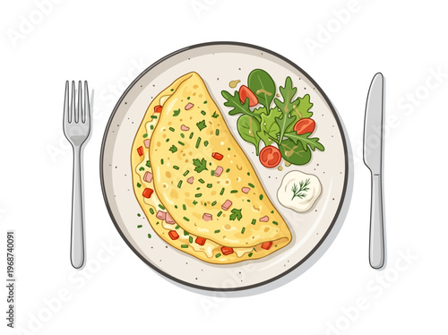 Healthy Breakfast Omelette with Fresh Salad and Cutlery