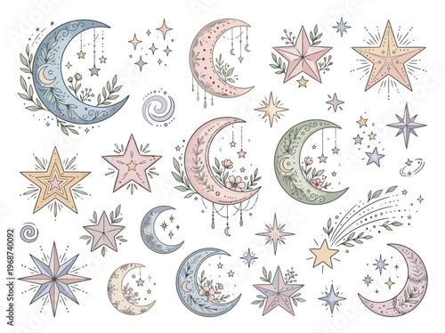 Boho Mystical Moon and Stars Celestial Element Set