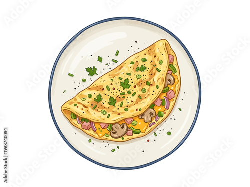 Ham and Mushroom Cheese Omelette on Ceramic Plate