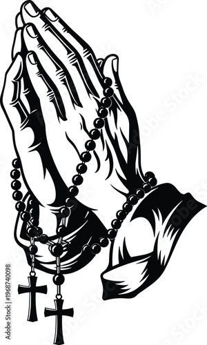 Praying hands rosary beads faith religion spirituality devotion black white silhouette illustration design, Christian artwork concept, religious prayer image